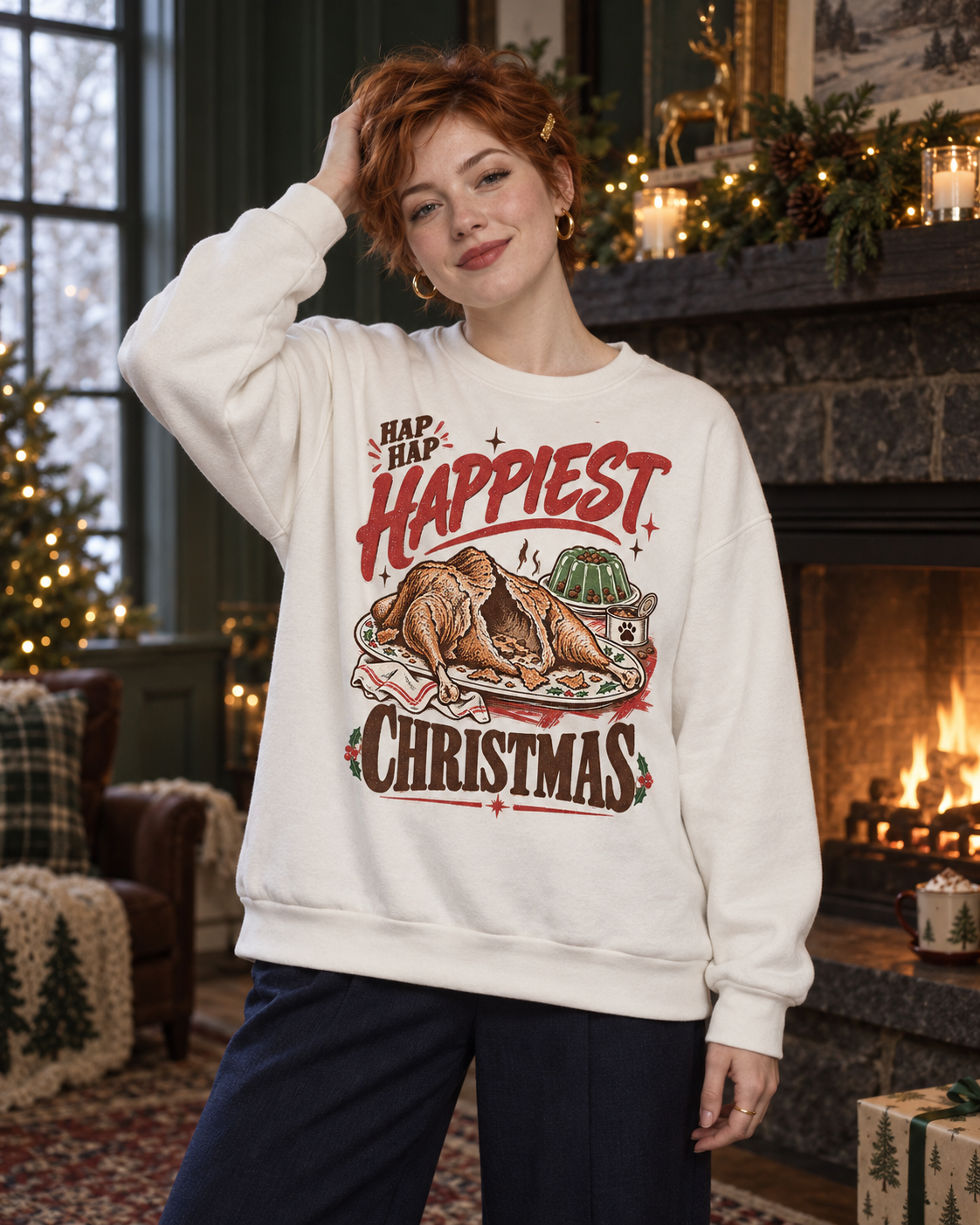 Hap Hap Happiest Christmas crewneck sweatshirt, white, worn