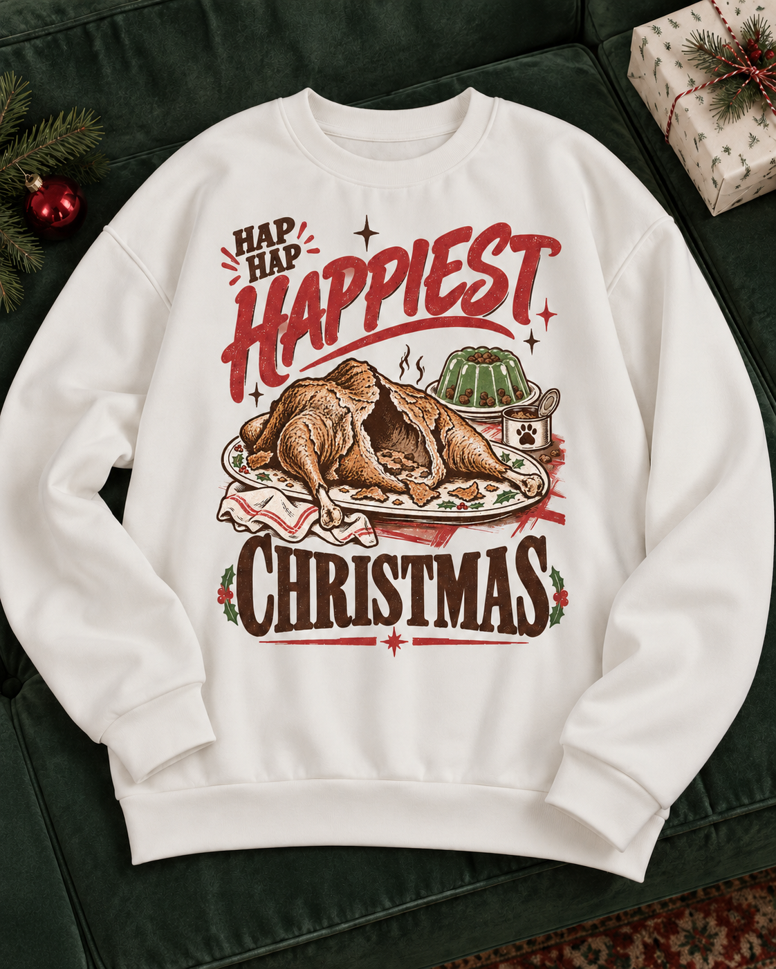 Hap Hap Happiest Christmas crewneck sweatshirt, white, flat lay