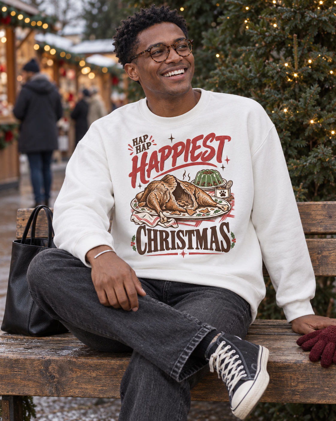 Hap Hap Happiest Christmas crewneck sweatshirt, white, outdoors