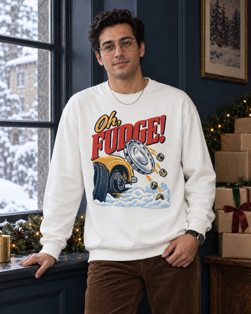 Oh Fudge Christmas sweatshirt, white crewneck, worn