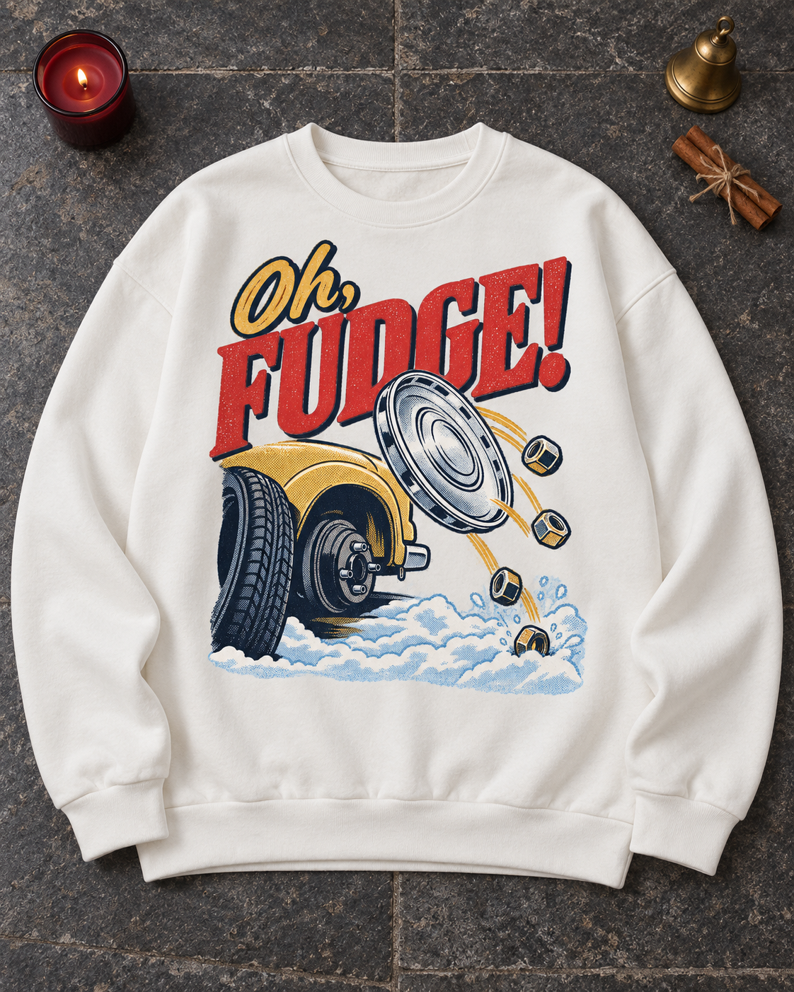 Oh Fudge Christmas sweatshirt, white crewneck, flat lay