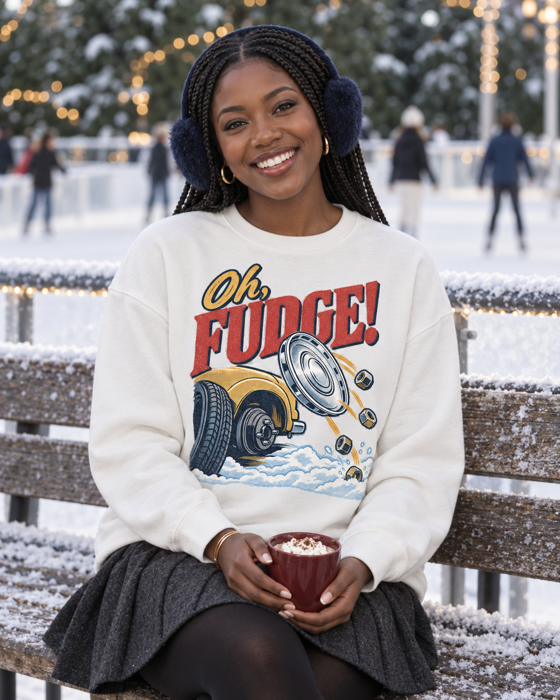 Oh Fudge Christmas sweatshirt, white crewneck, outdoors