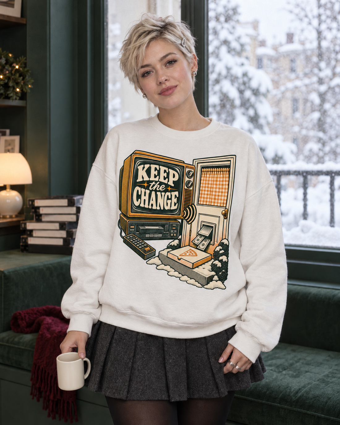 Keep the Change Christmas sweatshirt, white crewneck, worn