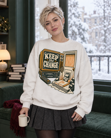 Keep the Change Christmas sweatshirt, white crewneck, worn