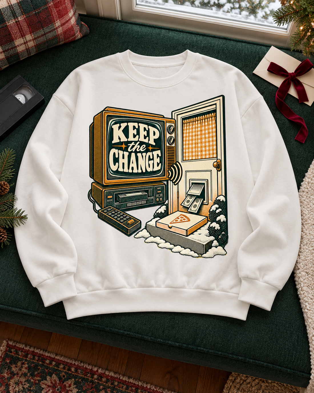 Keep the Change Christmas sweatshirt, white crewneck, worn