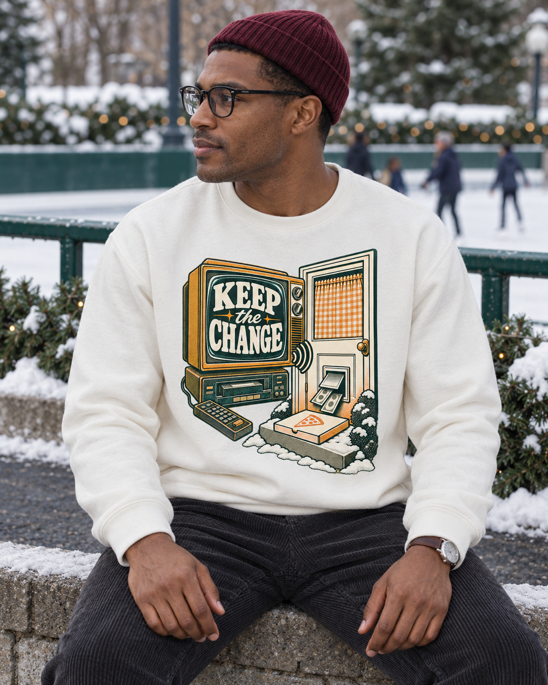 Keep the Change Christmas sweatshirt, white crewneck, outdoors