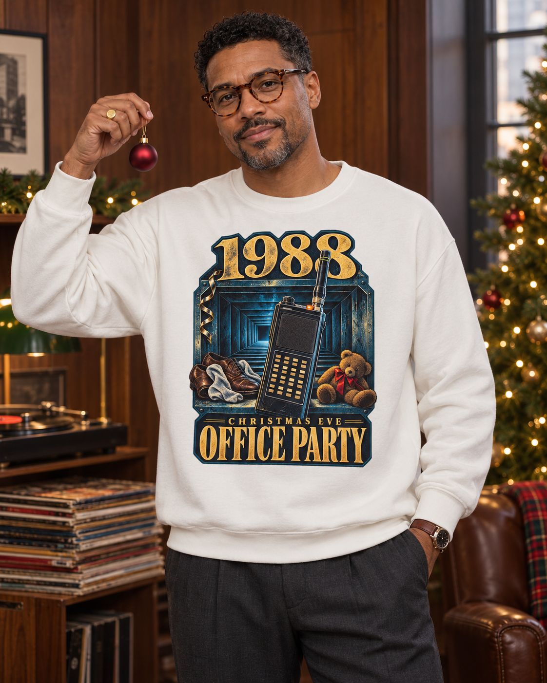 1988 Christmas Eve Office Party crewneck sweatshirt, white, worn