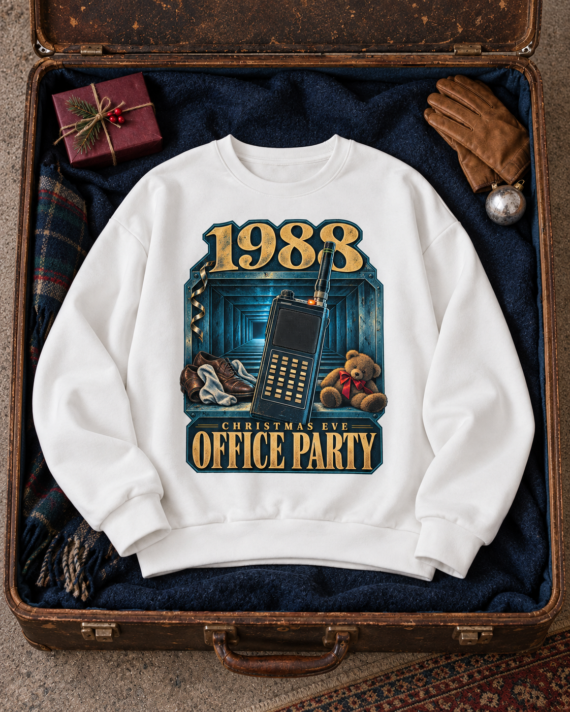 1988 Christmas Eve Office Party crewneck sweatshirt, white, flat lay
