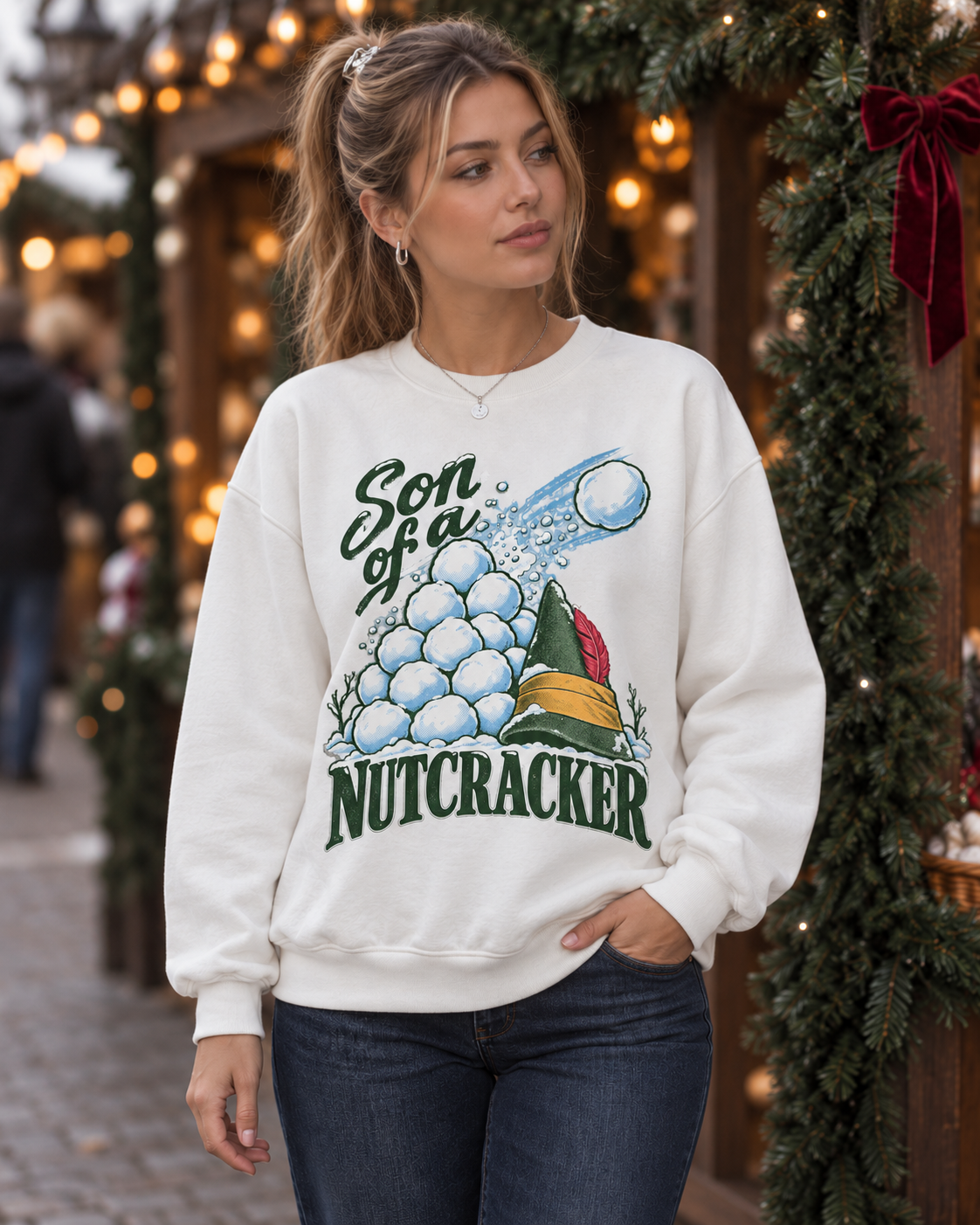 Son of a Nutcracker Christmas sweatshirt, white crewneck, worn