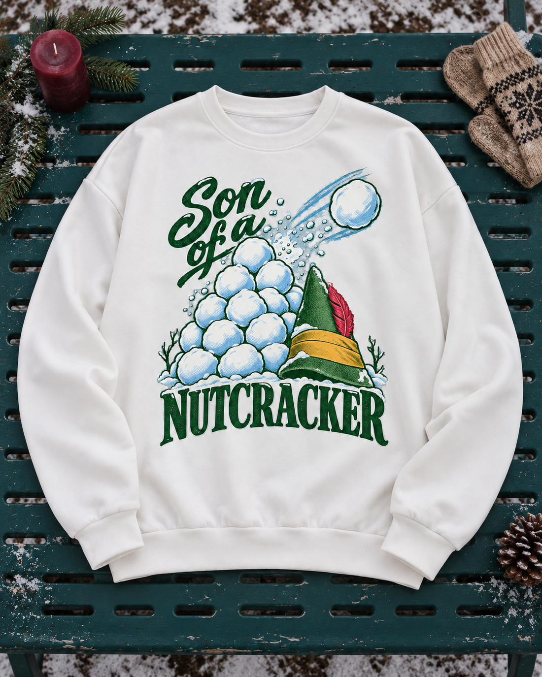 Son of a Nutcracker Christmas sweatshirt, white crewneck, worn