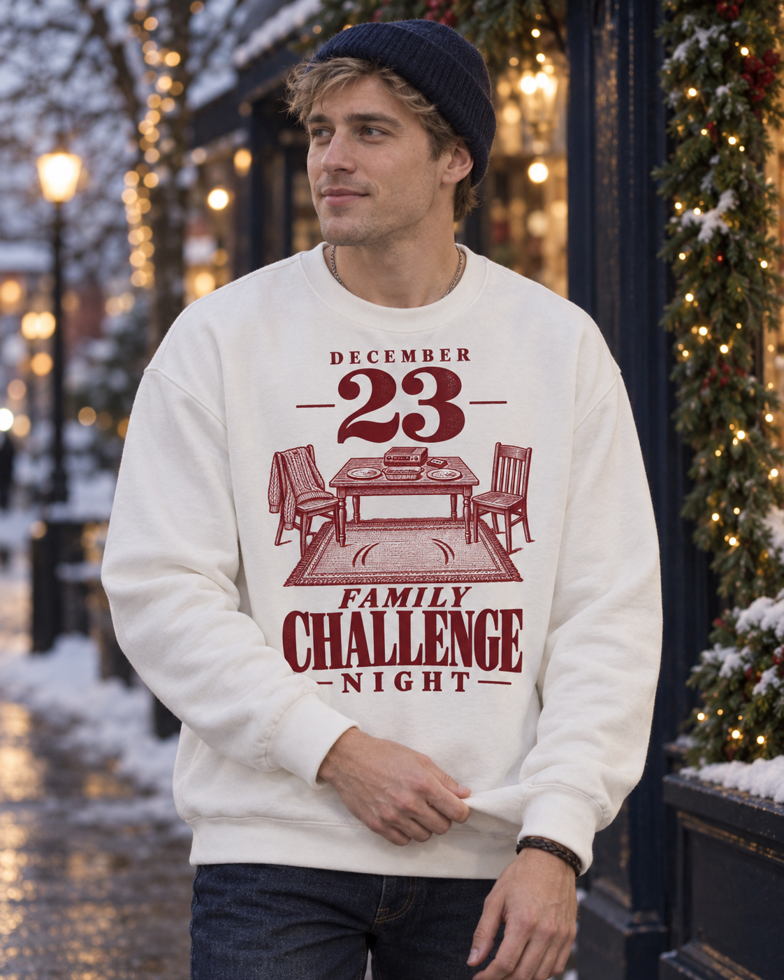 December 23 Family Challenge Night Christmas sweatshirt, white crewneck, worn