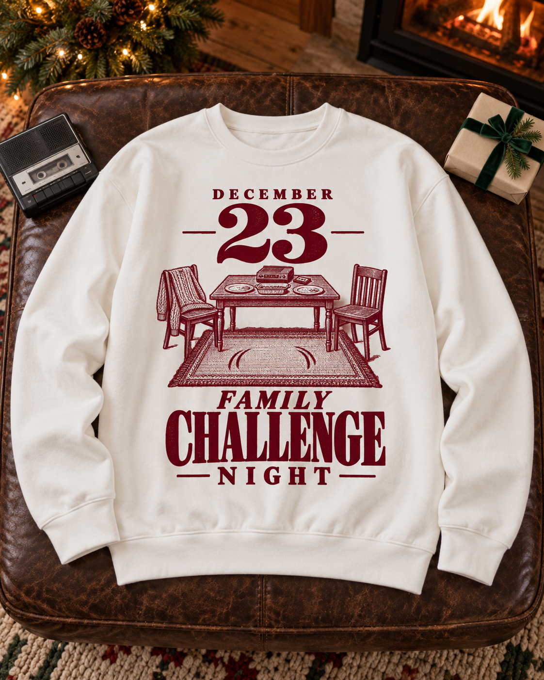 December 23 Family Challenge Night Christmas sweatshirt, white crewneck, flat lay