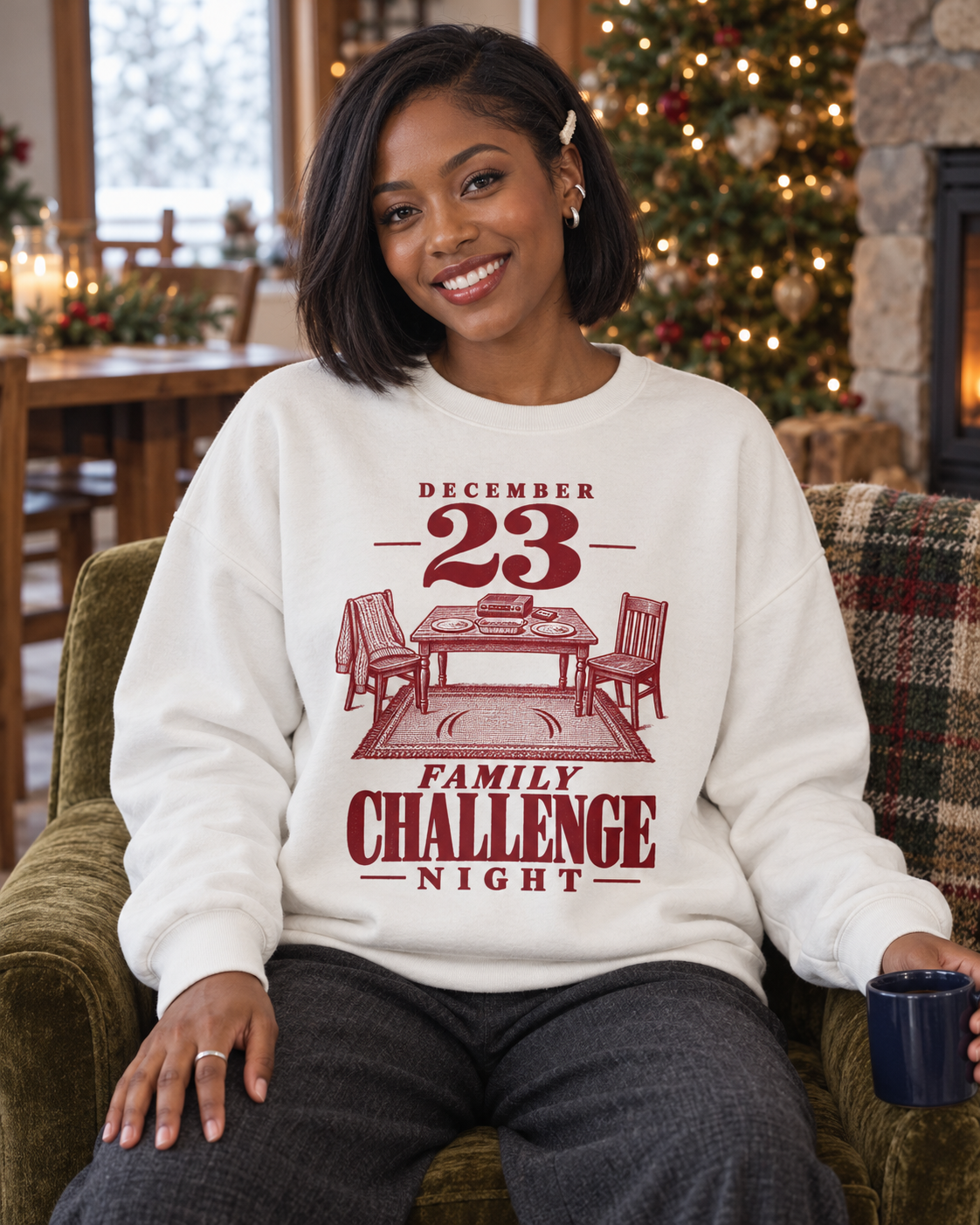 December 23 Family Challenge Night Christmas sweatshirt, white crewneck, indoors
