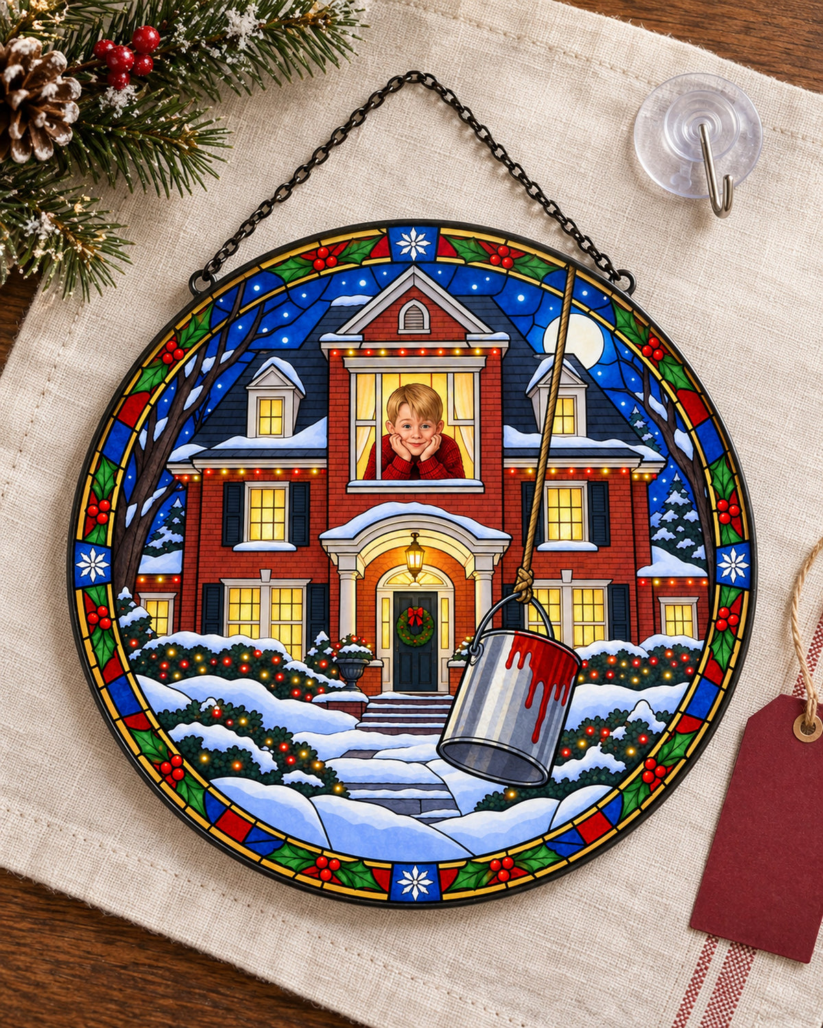 Stained glass suncatcher laid flat with its chain: Snowy Christmas House Stained Glass Suncatcher