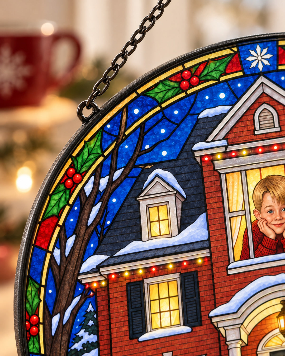 Close-up of the printed stained glass: Snowy Christmas House Stained Glass Suncatcher