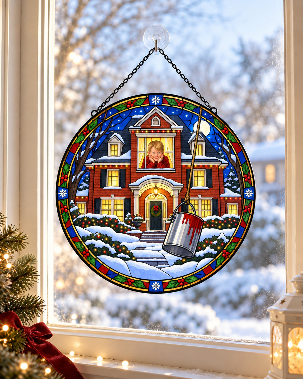 Stained glass suncatcher hanging in a window: Snowy Christmas House Stained Glass Suncatcher