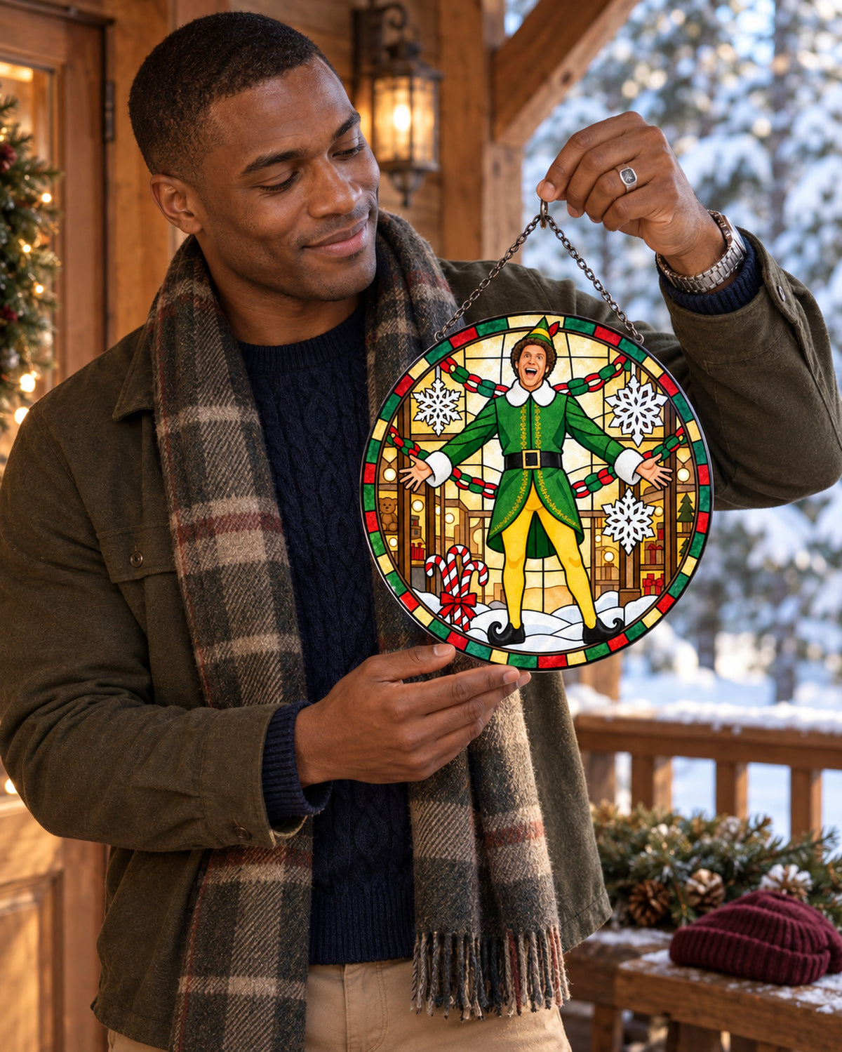 Stained glass suncatcher held by its chain: Christmas Elf Stained Glass Suncatcher
