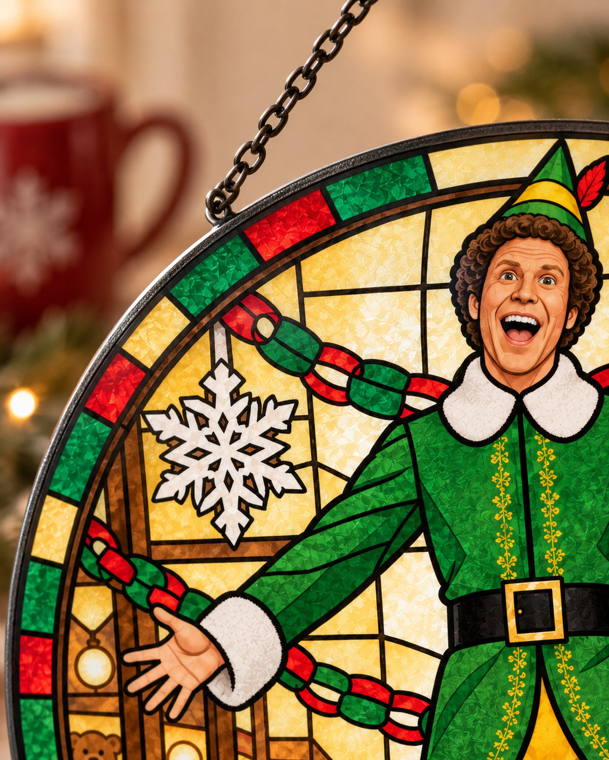 Close-up of the printed stained glass: Christmas Elf Stained Glass Suncatcher