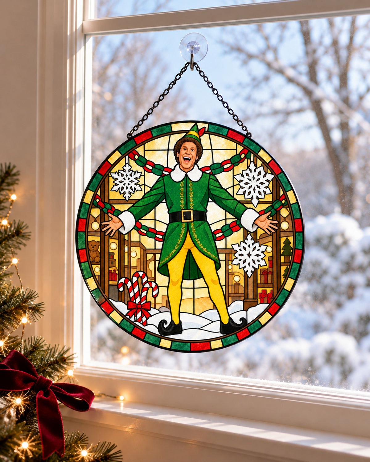 Stained glass suncatcher hanging in a window: Christmas Elf Stained Glass Suncatcher