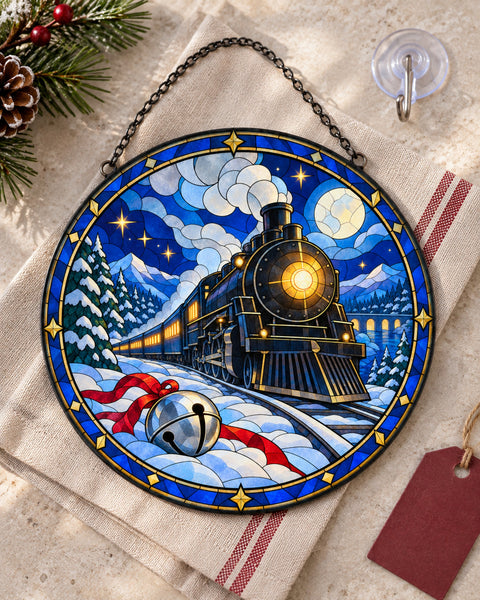 Stained glass suncatcher laid flat with its chain: Christmas Train Stained Glass Suncatcher