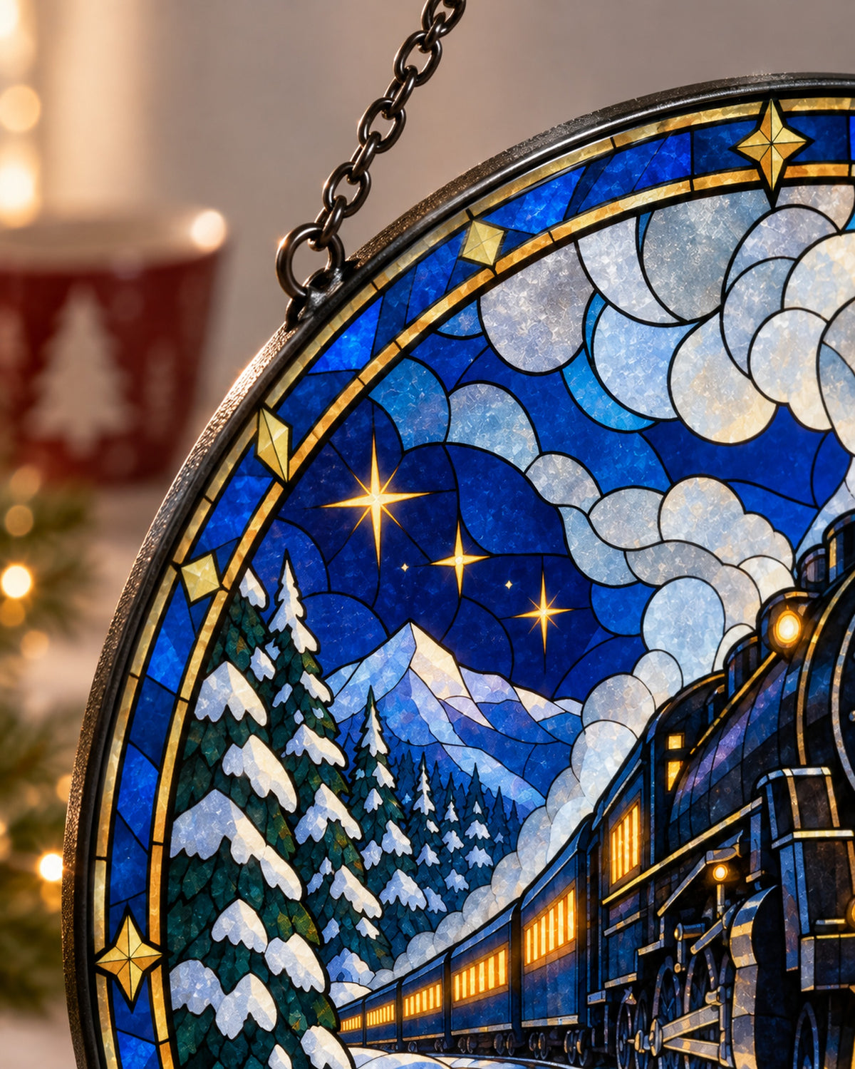 Close-up of the printed stained glass: Christmas Train Stained Glass Suncatcher