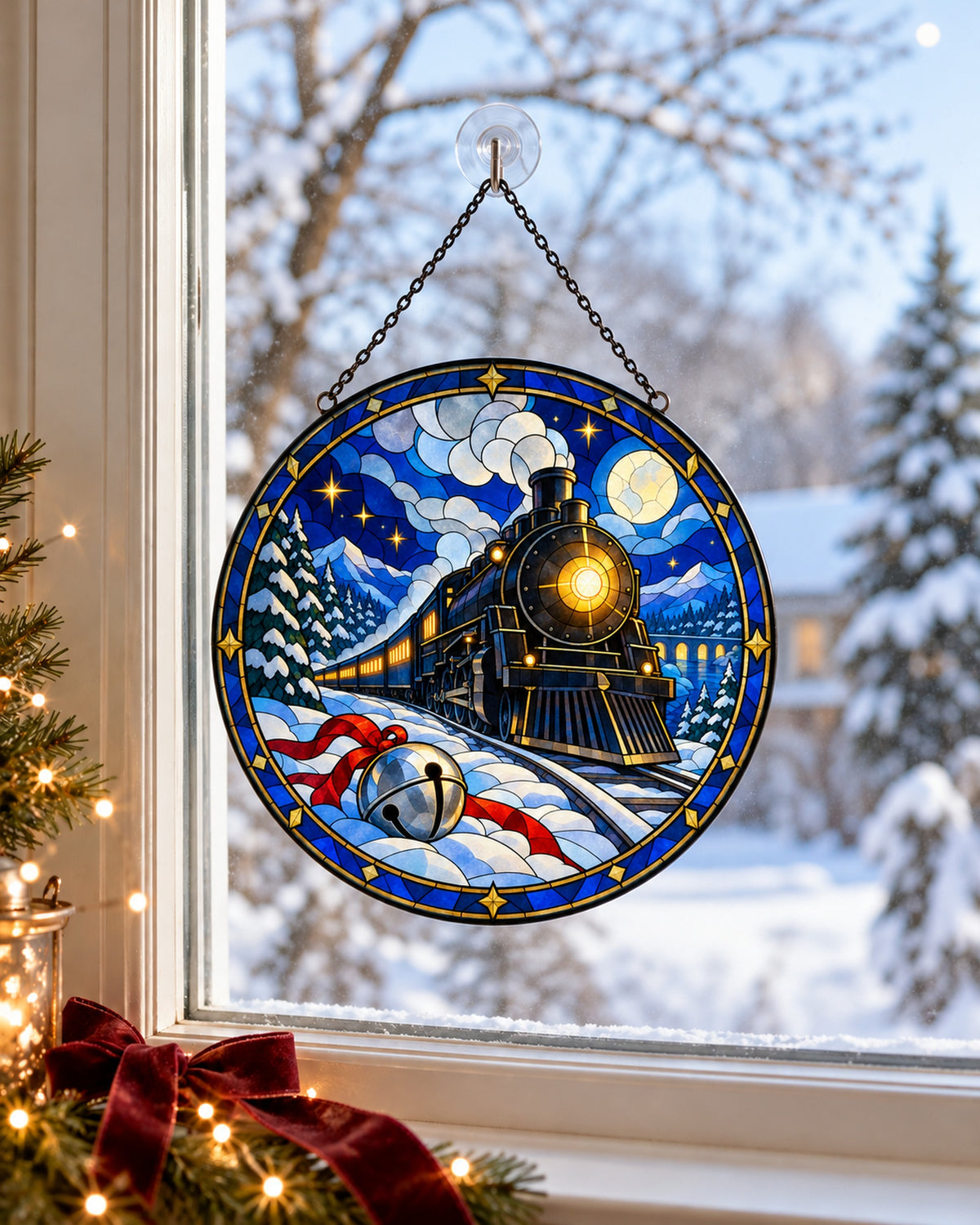 Stained glass suncatcher hanging in a window: Christmas Train Stained Glass Suncatcher