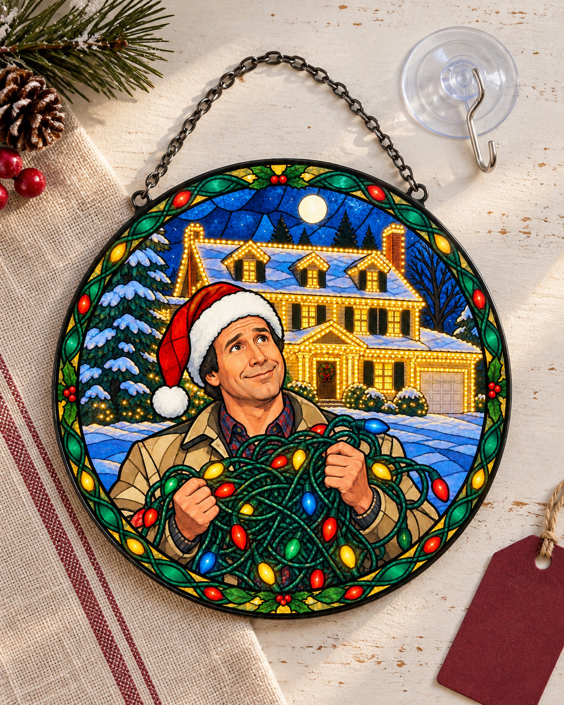 Stained glass suncatcher laid flat with its chain: Tangled Christmas Lights Stained Glass Suncatcher