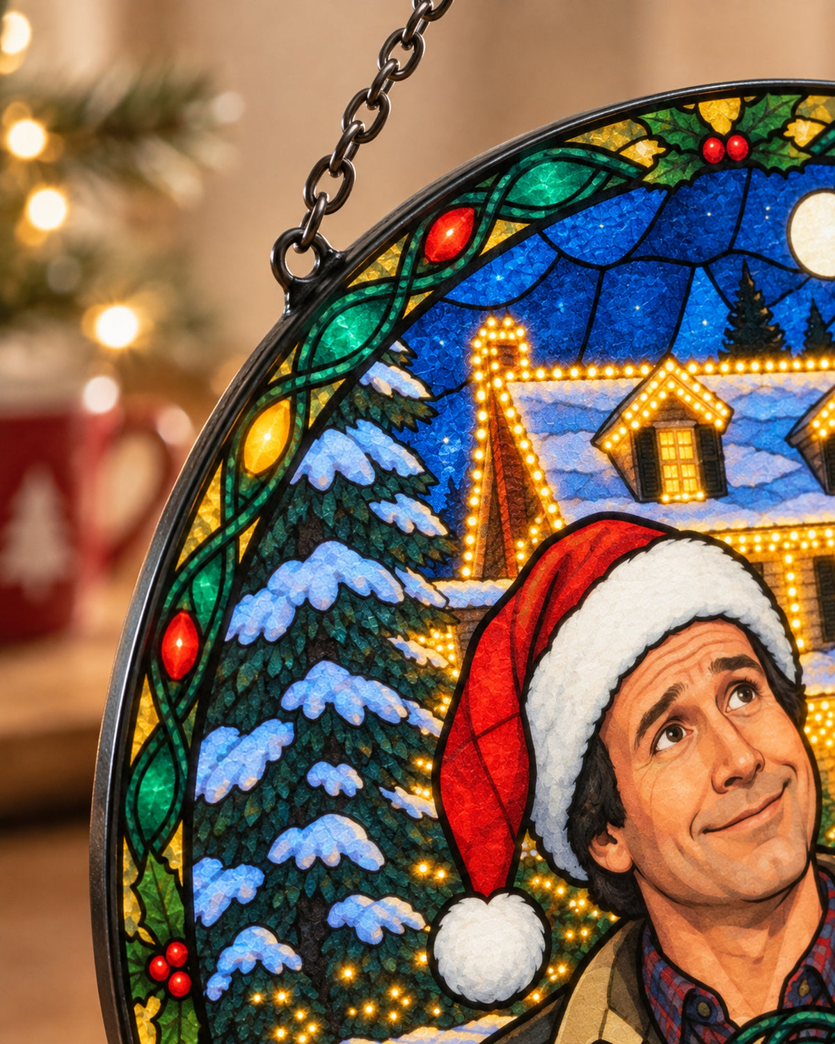 Close-up of the printed stained glass: Tangled Christmas Lights Stained Glass Suncatcher
