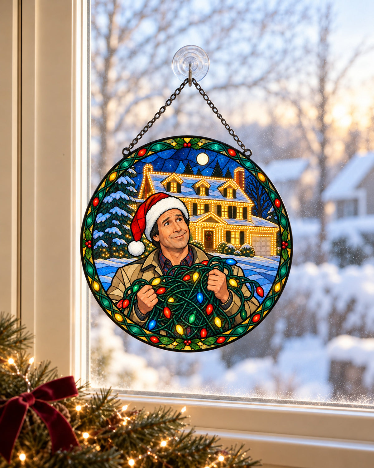 Stained glass suncatcher hanging in a window: Tangled Christmas Lights Stained Glass Suncatcher