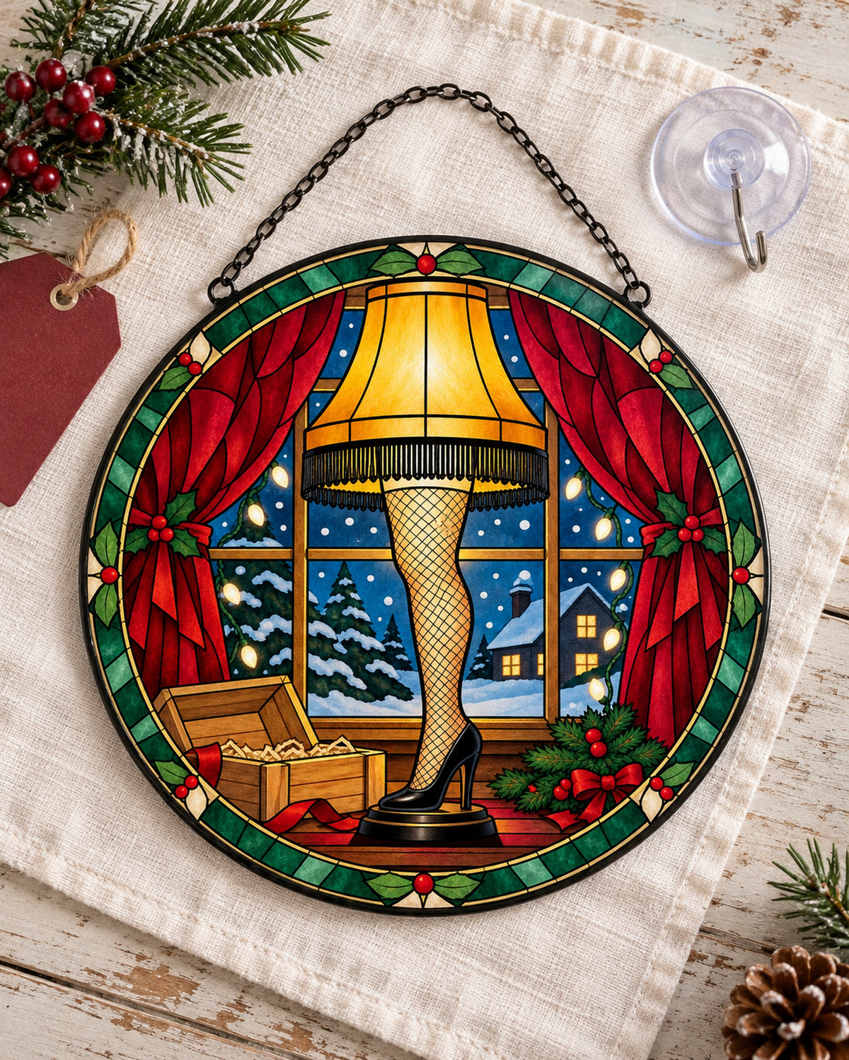 Stained glass suncatcher laid flat with its chain: Leg Lamp Stained Glass Suncatcher