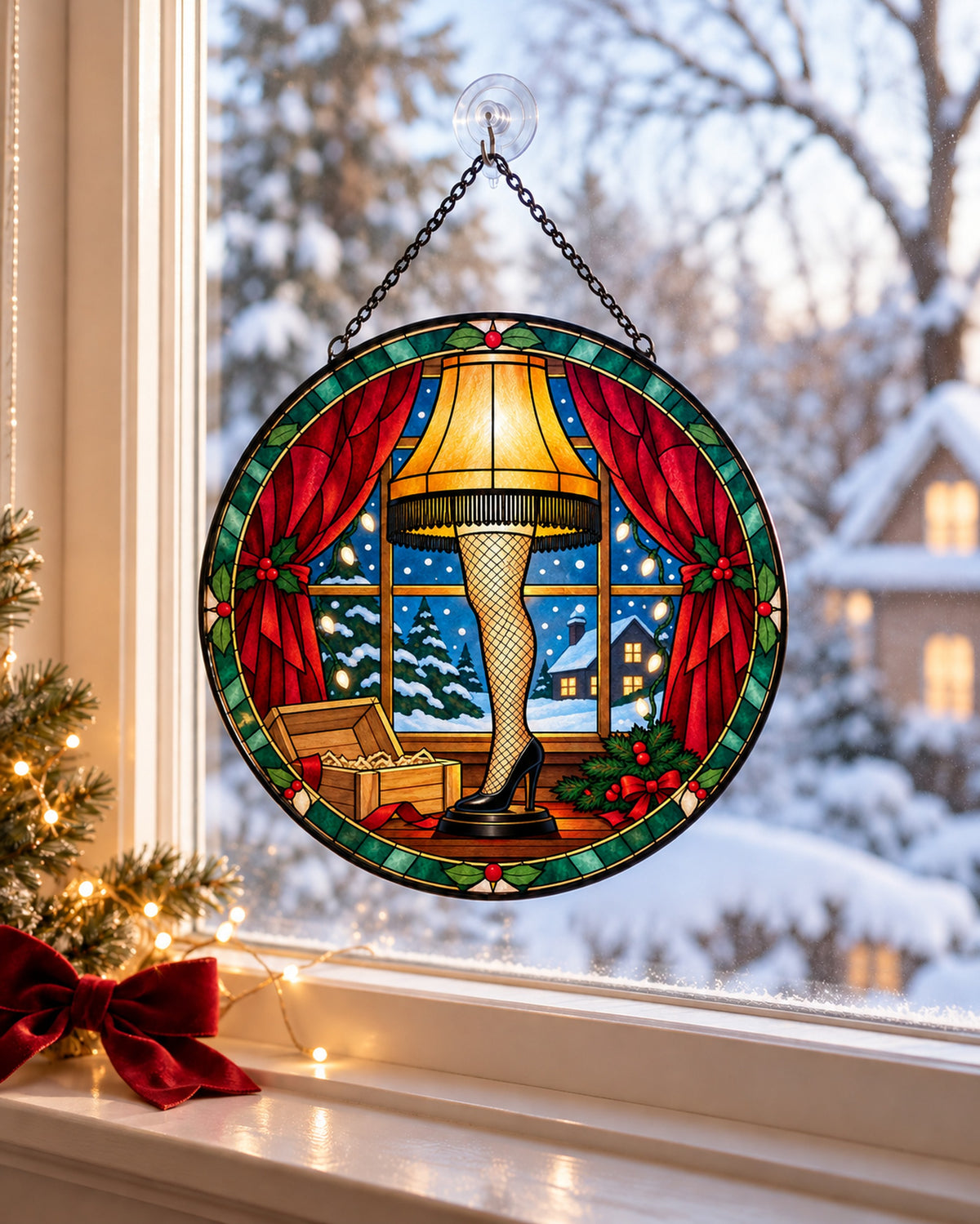 Stained glass suncatcher hanging in a window: Leg Lamp Stained Glass Suncatcher