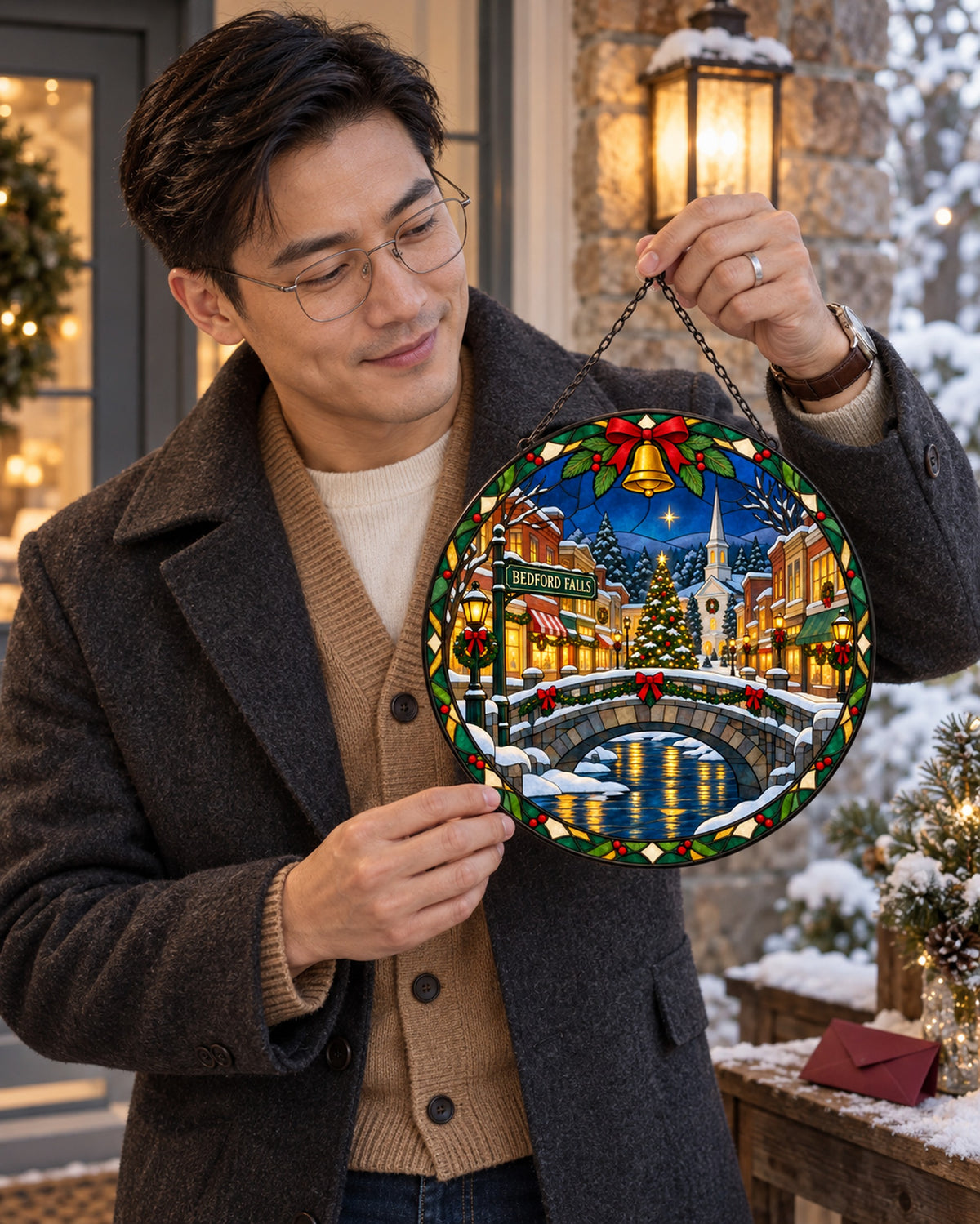 Stained glass suncatcher held by its chain: Snowy Christmas Town Stained Glass Suncatcher