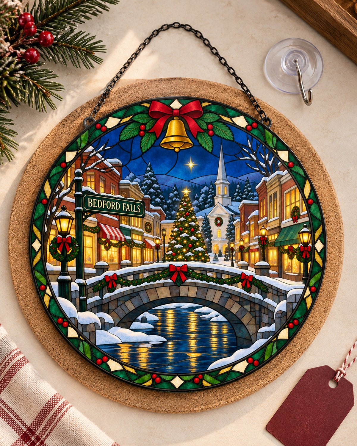 Stained glass suncatcher laid flat with its chain: Snowy Christmas Town Stained Glass Suncatcher