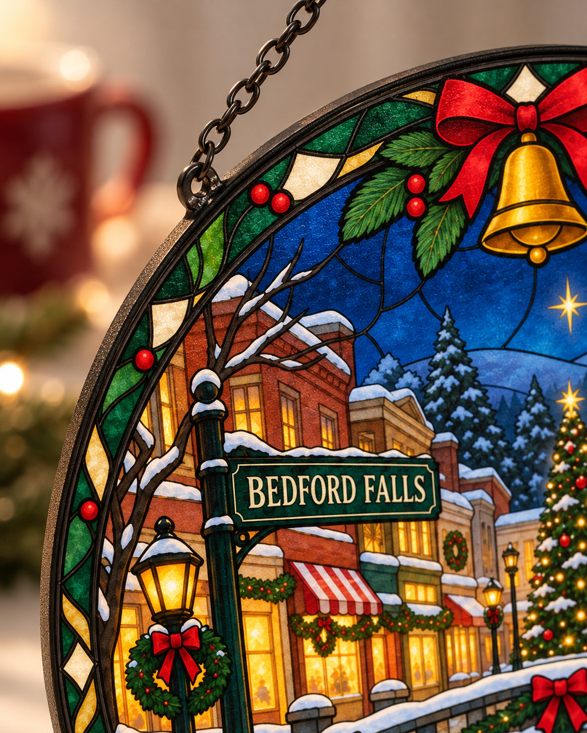 Close-up of the printed stained glass: Snowy Christmas Town Stained Glass Suncatcher