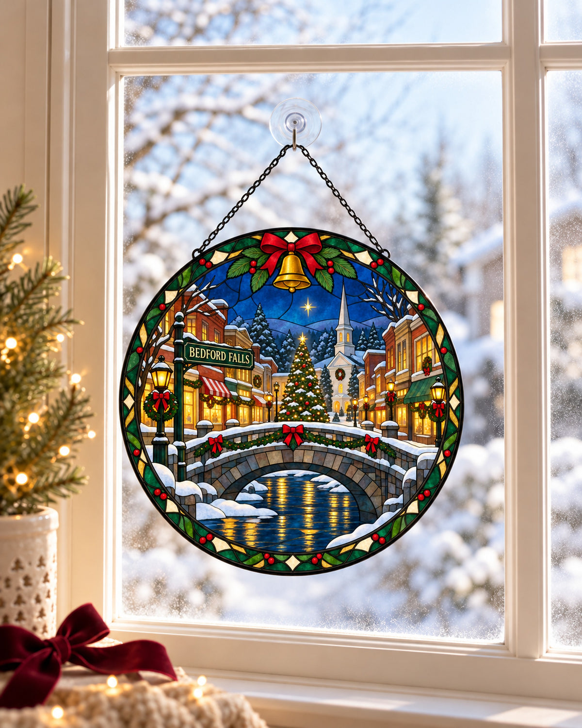 Stained glass suncatcher hanging in a window: Snowy Christmas Town Stained Glass Suncatcher