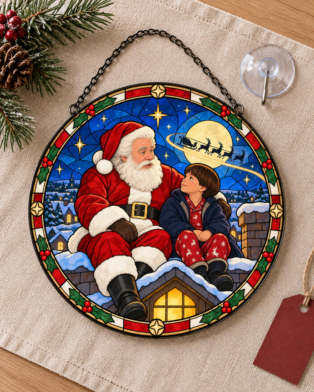 Stained glass suncatcher laid flat with its chain: Santa on the Rooftop Stained Glass Suncatcher
