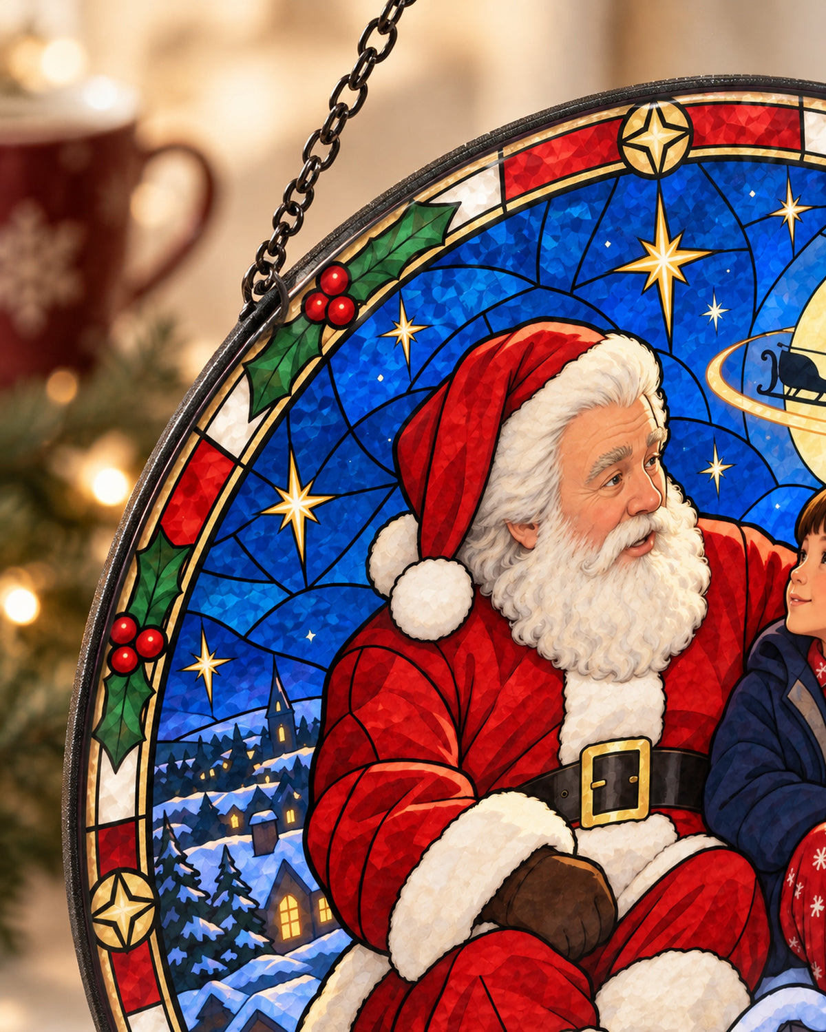 Close-up of the printed stained glass: Santa on the Rooftop Stained Glass Suncatcher