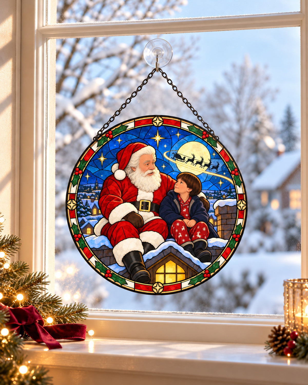 Stained glass suncatcher hanging in a window: Santa on the Rooftop Stained Glass Suncatcher
