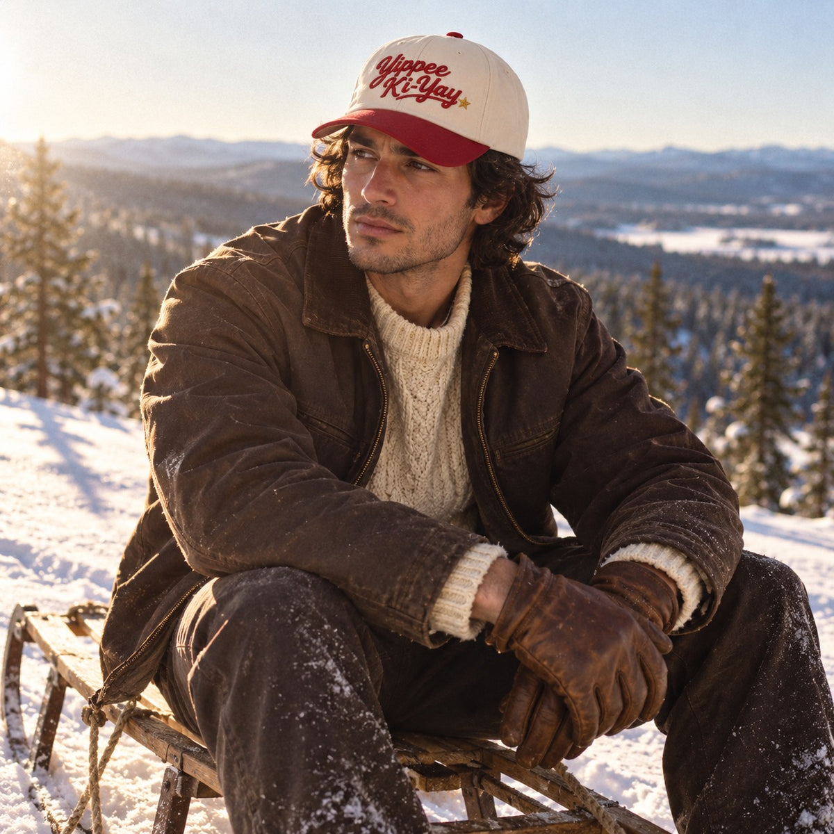 Man wearing the Yippee Ki-Yay embroidered cap on a sled on a snowy slope