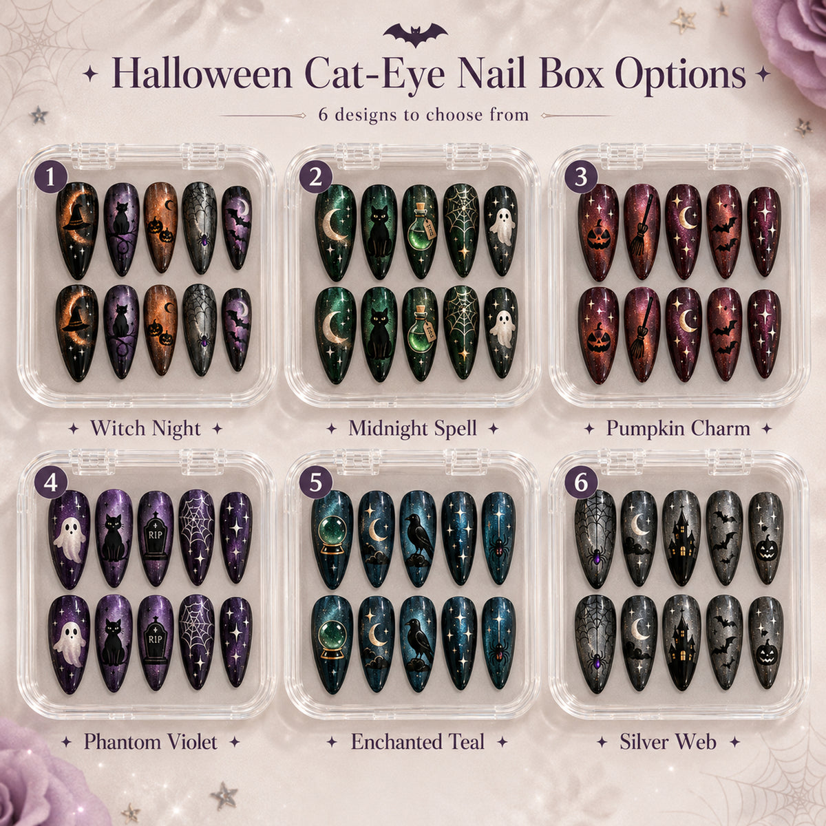Halloween Cat-Eye 3D Handmade Press-On Nails – 6 Design Options