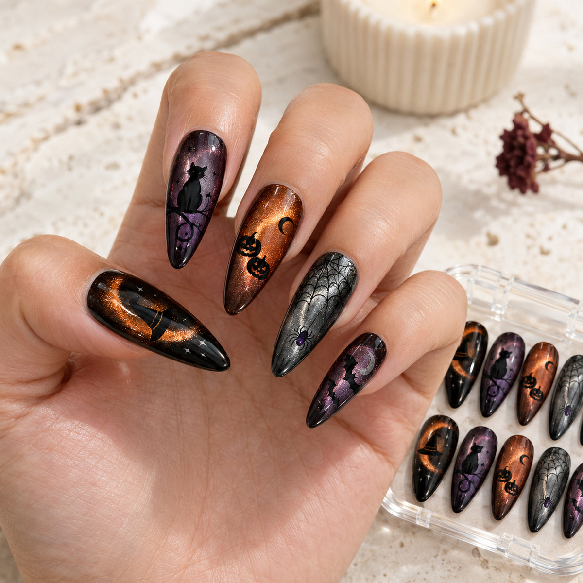 Halloween Cat-Eye 3D Handmade Press-On Nails – 6 Design Options