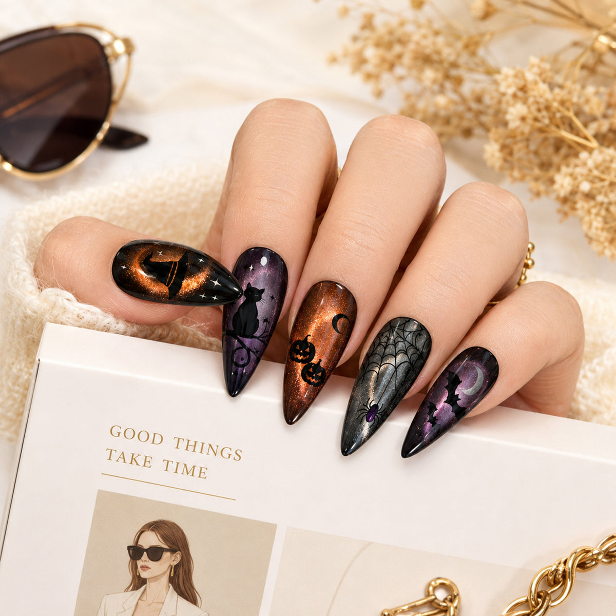 Halloween Cat-Eye 3D Handmade Press-On Nails – 6 Design Options
