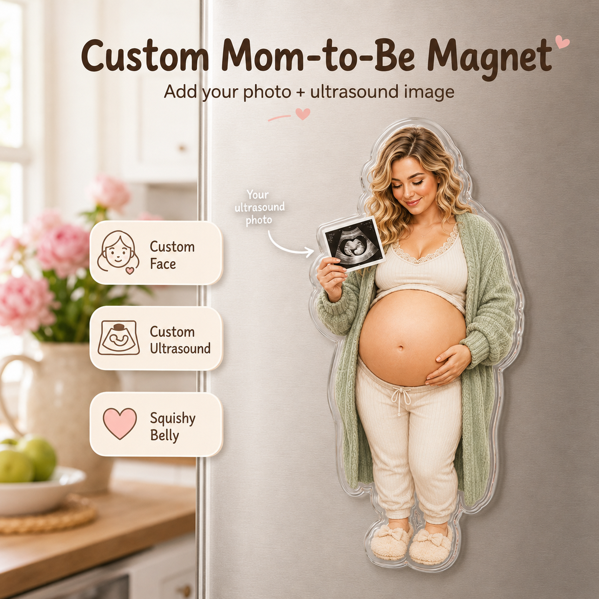 Custom Pregnant Mom & Ultrasound Squishy Belly Fridge Magnet