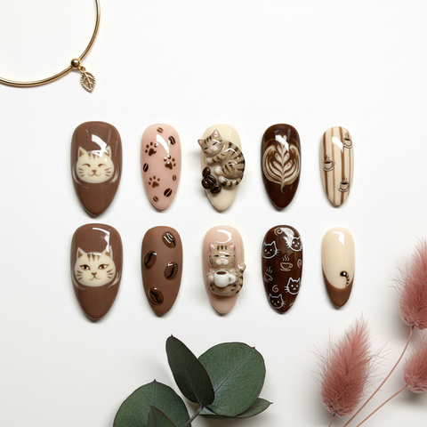 Coffee Cat 3D Handmade Press-On Nails – 10-Piece Set