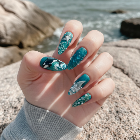 Deep Sea Whale 3D Handmade Press-On Nails – 10-Piece Set
