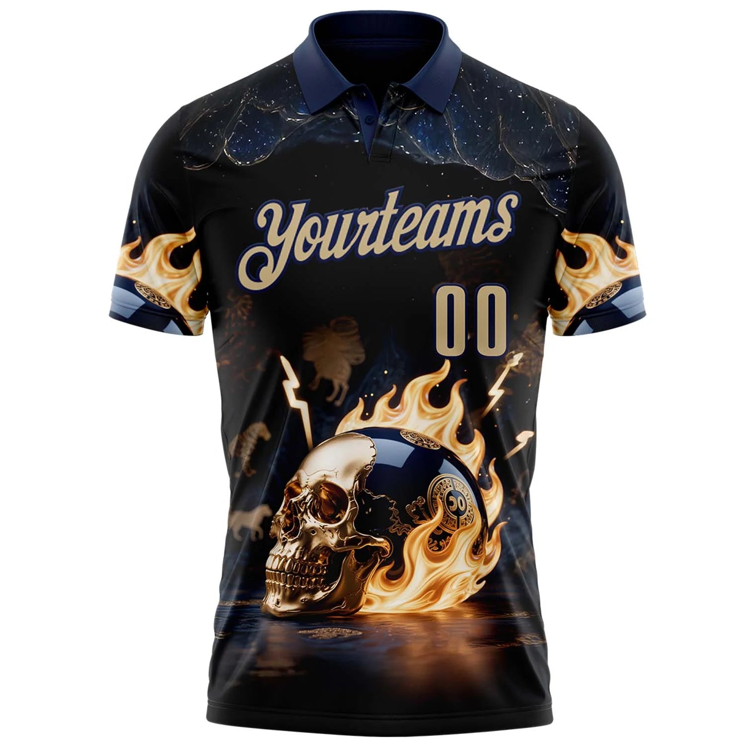 Personalized Custom Navy Vegas Gold 3D Flame Skull Bowling Performance Polo Shirt