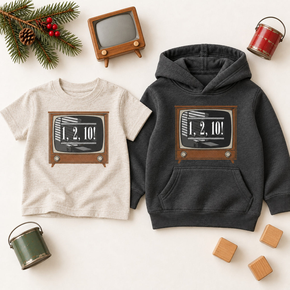 1, 2, 10 Retro TV Christmas Shirt, Matching Toddler & Adult Tee or Hoodie